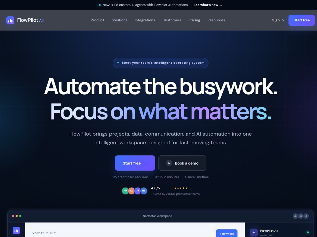 FlowPilot AI workflow platform website — homepage preview