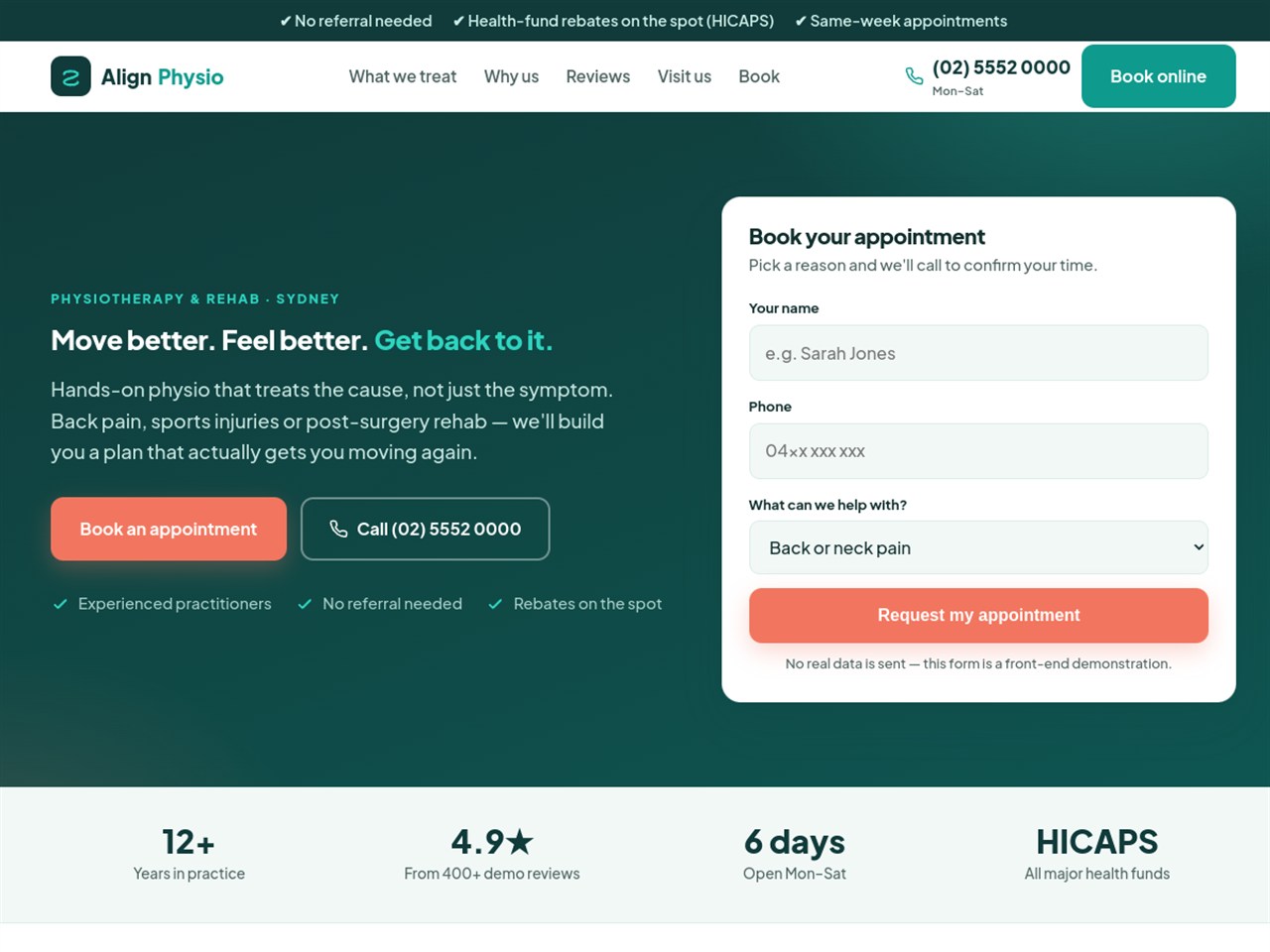 Align Physio & Rehab clinic website — homepage preview