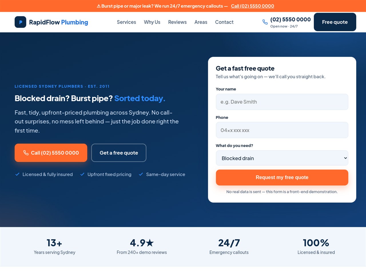 RapidFlow Plumbing website — homepage preview